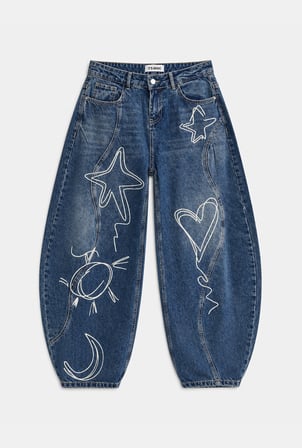 Kadın 2w6-5 Baggy Balloon Nakış Özel Tasarım Denim Jean