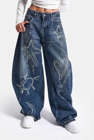 Kadın 2w6-5 Baggy Balloon Nakış Özel Tasarım Denim Jean