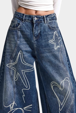 Kadın 2w6-5 Baggy Balloon Nakış Özel Tasarım Denim Jean