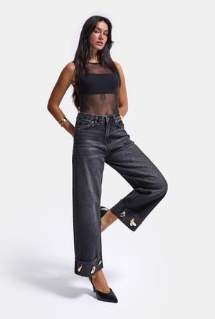 Kadın Koyu Füme 2w6-1 Relaxed Fit Aksesuar Detaylı Özel Tasarım Denim Jean