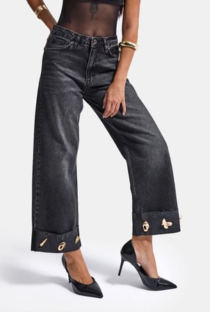 Kadın Koyu Füme 2w6-1 Relaxed Fit Aksesuar Detaylı Özel Tasarım Denim Jean