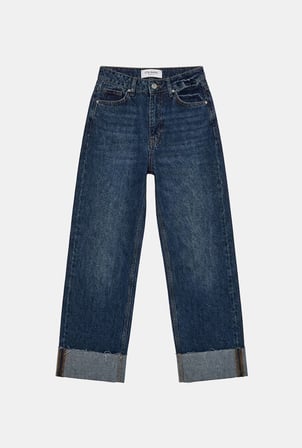 Kadın Koyu Mavi 2w6-5 Relaxed Fit Paça Detaylı Denim Jean