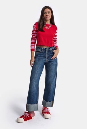 Kadın Koyu Mavi 2w6-5 Relaxed Fit Paça Detaylı Denim Jean