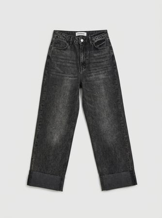 Kadın Koyu Füme 4w6-14 Relaxed Fit Paça Detaylı Denim Jean