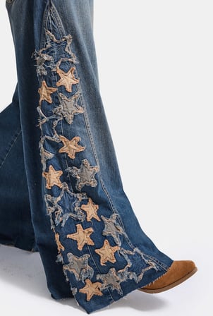 Kadın 2w6-8 Palazzo Fit Özel Yıldız Desen Nakış Tasarım Denim Jean