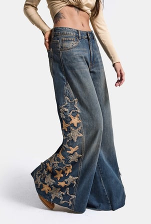 Kadın 2w6-8 Palazzo Fit Özel Yıldız Desen Nakış Tasarım Denim Jean