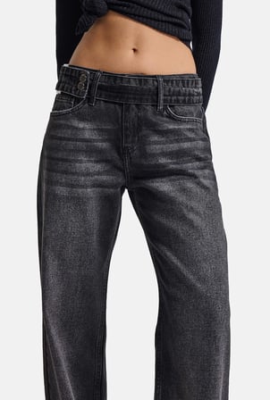 Kadın Koyu Füme 2w6-1 Straight Fit Kemer Detaylı Tasarım Denim Jean