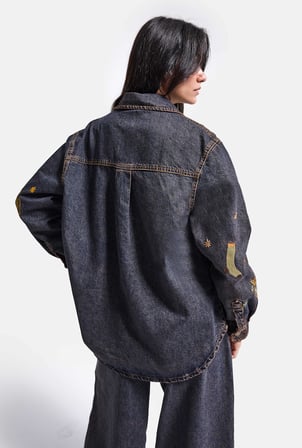 Kadın Koyu Kot 1w6-10 Oversize Özel Nakış Desen Tasarım Denim Ceket