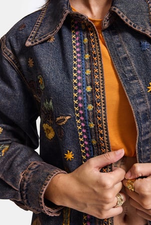 Kadın Koyu Kot 1w6-10 Oversize Özel Nakış Desen Tasarım Denim Ceket