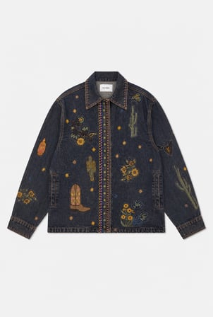 Kadın Koyu Kot 1w6-10 Oversize Özel Nakış Desen Tasarım Denim Ceket