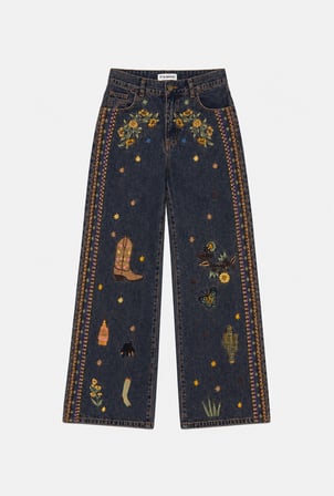 Kadın Koyu Kot 1w6-10 Palazzo Fit Özel Nakış Desen Tasarım Denim Jean