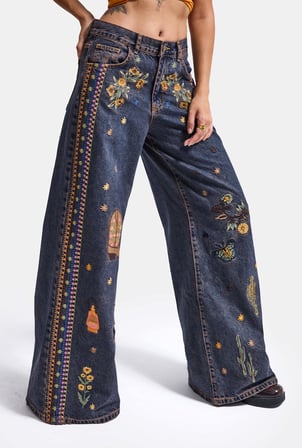 Kadın Koyu Kot 1w6-10 Palazzo Fit Özel Nakış Desen Tasarım Denim Jean