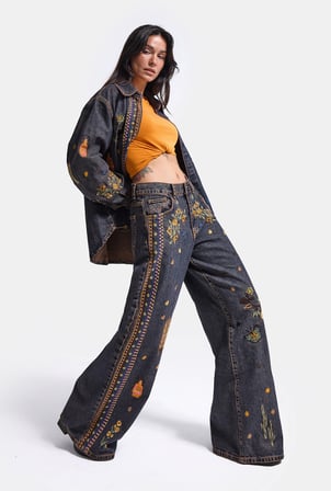 Kadın Koyu Kot 1w6-10 Palazzo Fit Özel Nakış Desen Tasarım Denim Jean