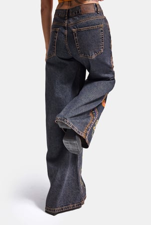 Kadın Koyu Kot 1w6-10 Palazzo Fit Özel Nakış Desen Tasarım Denim Jean