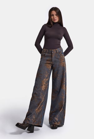 Kadın Kahve Kot 1w6-202 Palazzo Fit Özel Kumaş Tasarım Denim Jean
