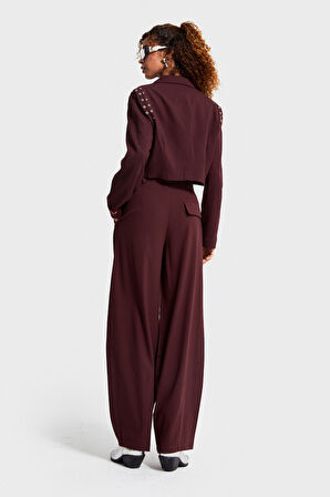 Kadın Bordo Renk Aksesuar Detaylı Bol Kesim Dokuma Kumaş Özel Tasarım Pantolon