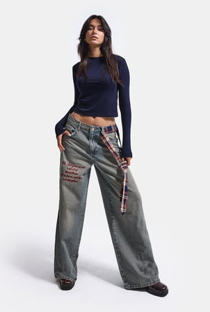 Kadın 2w6-124 Wide Leg Fit Kemer ve Nakış Detaylı Tasarım Denim Jean