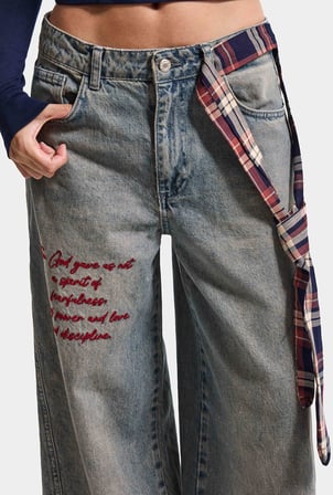 Kadın 2w6-124 Wide Leg Fit Kemer ve Nakış Detaylı Tasarım Denim Jean