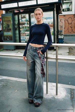 Kadın 2w6-124 Wide Leg Fit Kemer ve Nakış Detaylı Tasarım Denim Jean