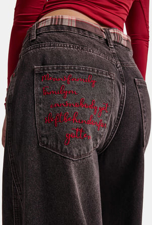 Kadın 4w6-156 Wide Leg Nakış ve Kravat Detaylı Özel Tasarım Denim Jean