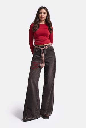 Kadın 4w6-156 Wide Leg Nakış ve Kravat Detaylı Özel Tasarım Denim Jean