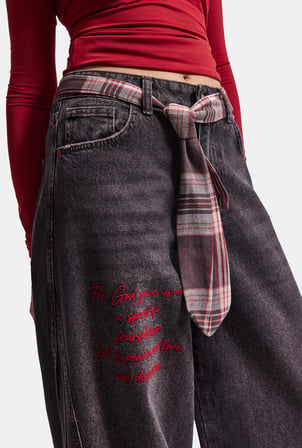 Kadın 4w6-156 Wide Leg Nakış ve Kravat Detaylı Özel Tasarım Denim Jean