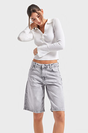 Kadın Gri Renk 4s5-12 Baggy Bermuda Fit %100 Koton Maxi Boy Denim Şort