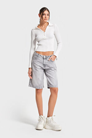 Kadın Gri Renk 4s5-12 Baggy Bermuda Fit %100 Koton Maxi Boy Denim Şort