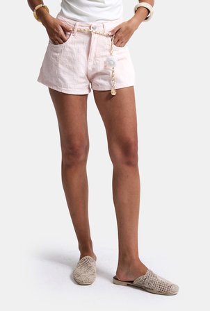 Kadın Pembe Özel Kumaş Güllü Kemerli Tasarım Mini Denim Şort
