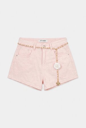 Kadın Pembe Özel Kumaş Güllü Kemerli Tasarım Mini Denim Şort