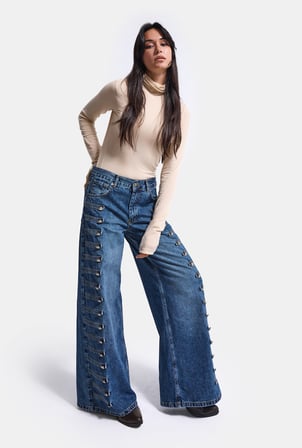 Kadın 2w6-5 Palazzo Fit Napolyon Tasarım Denim Jean
