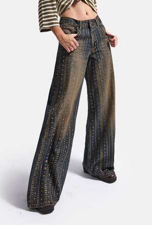 Kadın T-2w6-8 Palazzo Fit Parlak Taş Tasarım Denim Jean