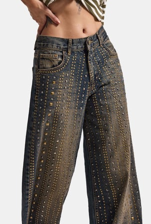Kadın T-2w6-8 Palazzo Fit Parlak Taş Tasarım Denim Jean