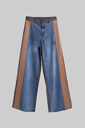 Kadın Mavi Renk Palazzo Fit Kumaş Denim Parçalı Özel Tasarım Denim Jean