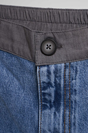 Kadın Mavi Renk Palazzo Fit Kumaş Denim Parçalı Özel Tasarım Denim Jean