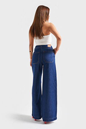 Kadın İndigo Renk 7s5-50/1 Wide Leg Fit Kemer Detaylı Viscon Kumaş %100 Koton Denim Jean