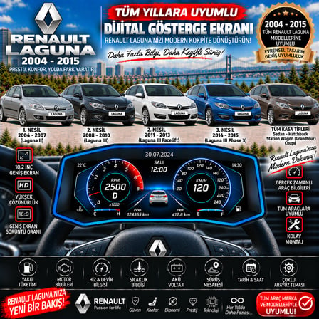 Renault Laguna 2004-2015 uyumlu digital gösterge Odb ekran arıza göstergesi turbo gösterge hayalet ekran