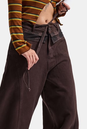 Kadın 6w6-16 Barrel Fit Ekose Kemer Detaylı Tasarım Denim Jean