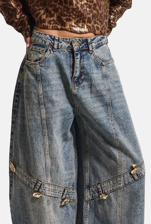 Kadın 4w6-32 Baggy Barrel Orta Bel Aksesuar Detaylı Tasarım Denim Jean