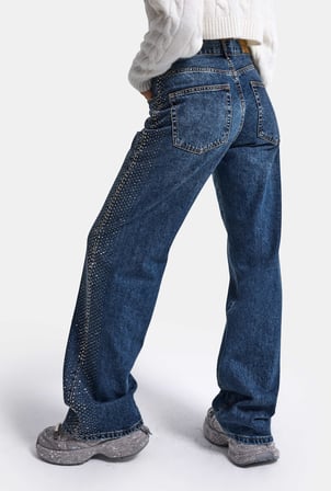 Kadın Koyu Mavi T-2w6-5 Loose Fit Parlak Taş Detaylı Özel Tasarım Denim Jean