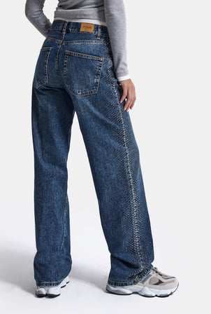 Kadın Koyu Mavi T-2w6-5 Loose Fit Parlak Taş Detaylı Özel Tasarım Denim Jean