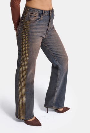 Kadın T-2w6-10 Straight Fit Esnek Kumaş Yapıştırma Taş Detaylı Tasarım Denim Jean