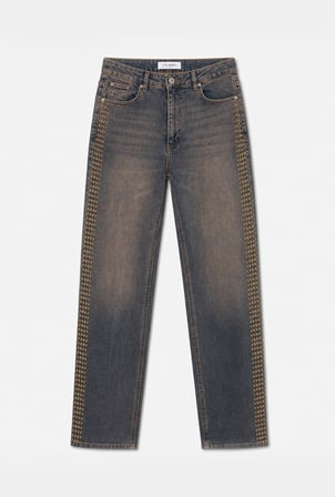 Kadın T-2w6-10 Straight Fit Esnek Kumaş Yapıştırma Taş Detaylı Tasarım Denim Jean