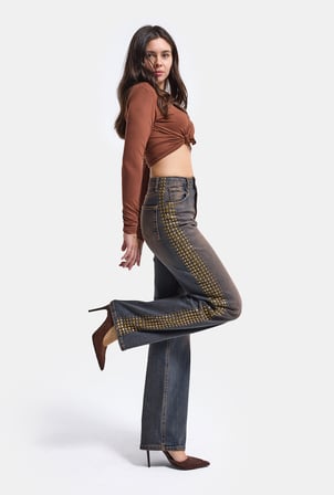 Kadın T-2w6-10 Straight Fit Esnek Kumaş Yapıştırma Taş Detaylı Tasarım Denim Jean