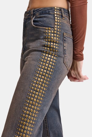 Kadın T-2w6-10 Straight Fit Esnek Kumaş Yapıştırma Taş Detaylı Tasarım Denim Jean