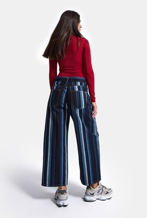 Kadın Mavi Çizgi Desen 7w6-2 Cullote Fit Tasarım Denim Jean