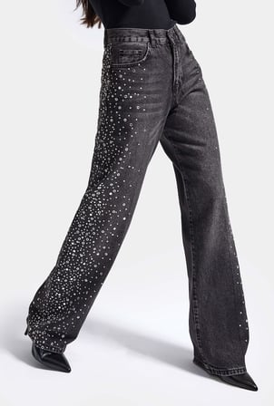 Kadın T-2w6-1 Loose Fit Parlak Taş Özel Tasarım Denim Jean