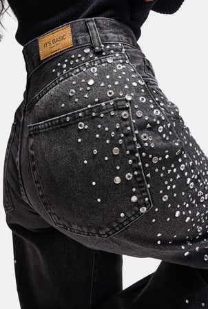 Kadın T-2w6-1 Loose Fit Parlak Taş Özel Tasarım Denim Jean