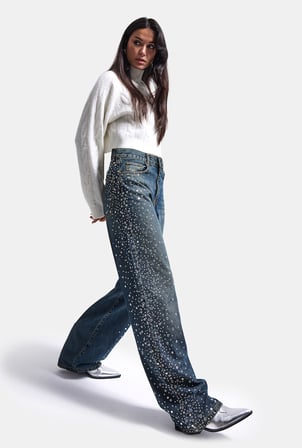 Kadın T-2w6-8 Loose Fit Parlak Taş Özel Tasarım Denim Jean