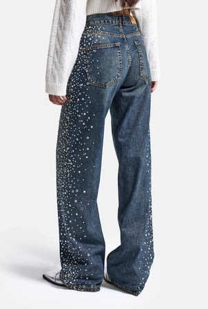 Kadın T-2w6-8 Loose Fit Parlak Taş Özel Tasarım Denim Jean